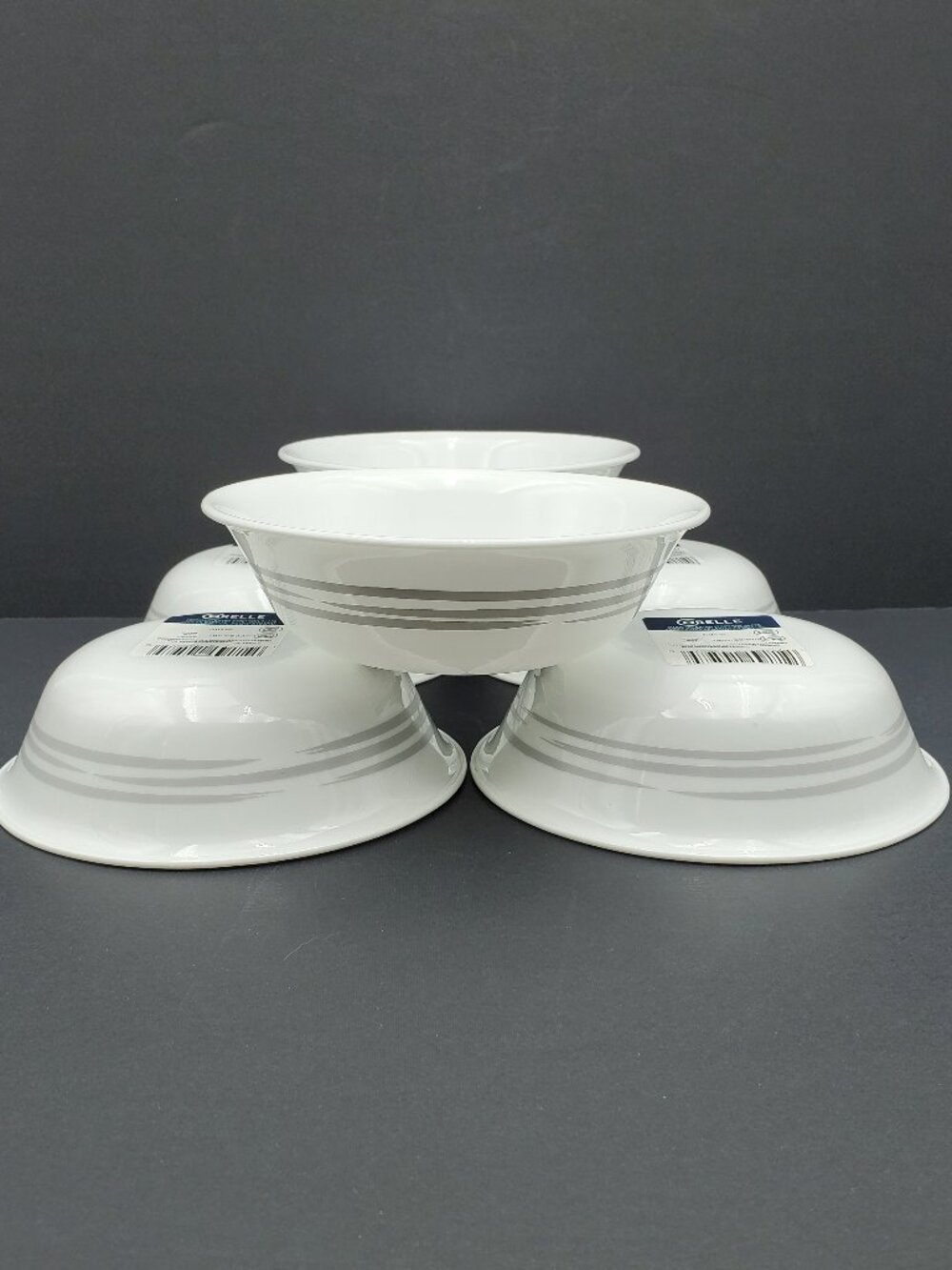 Corelle Brushed Silver Soup Bowls Corning White Bowls with Gray Stripes Lines